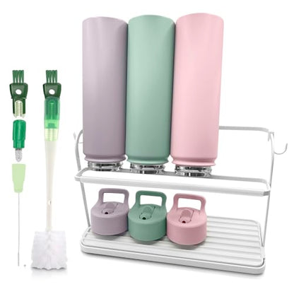 Cup Drying Rack for Counter, Water Bottle Drying Rack for Kitchen Counter, 2-Tier Tumbler, Mug and Glass Drying Rack with Drain Tray and 5-in-1 Cleaning Brush