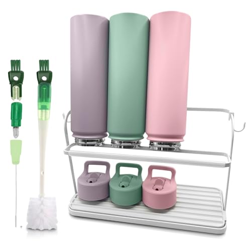 Cup Drying Rack for Counter, Water Bottle Drying Rack for Kitchen Counter, 2-Tier Tumbler, Mug and Glass Drying Rack with Drain Tray and 5-in-1 Cleaning Brush