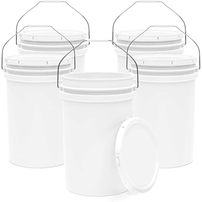 6.5-Gallon White Bucket Pail Container with Lid | Food Grade | Heavy-Duty Approx 90 MIL Extra Durable | Metal Handles with Plastic Grip | Multi-Use | Easy Stack and Store | BPA Free - 5 Pack - color: White - 6.5 Gallons, size: 5 Packs