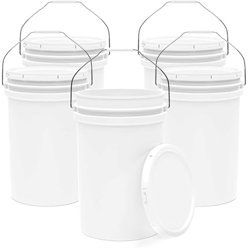 6.5-Gallon White Bucket Pail Container with Lid | Food Grade | Heavy-Duty Approx 90 MIL Extra Durable | Metal Handles with Plastic Grip | Multi-Use | Easy Stack and Store | BPA Free - 5 Pack - color: White - 6.5 Gallons, size: 5 Packs