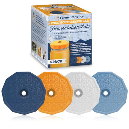 Wide Mouth Mason Jar Fermentation Lids - Turns Your Jar Into A Fermentation Vessel - Lid With Hole & Grommet For Airlock - Fits Wide Mouth Mason Jars - AIRLOCKS SOLD SEPARATELY. - style: 4 Lids - No Airlocks