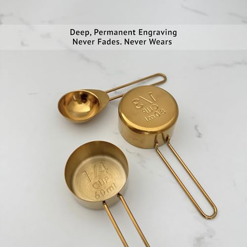 Gold Measuring Cups and Spoons Set, Stainless Steel Measuring Cups, 8 Piece Gold Kitchen Measuring Set, Engraved Measurements, Durable Nesting Design - color: Gold