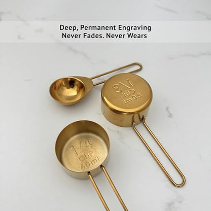 Gold Measuring Cups and Spoons Set, Stainless Steel Measuring Cups, 8 Piece Gold Kitchen Measuring Set, Engraved Measurements, Durable Nesting Design - color: Gold