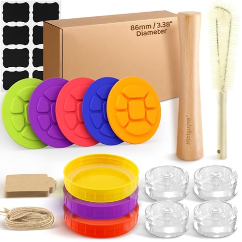 Wide Mouth Fermentation Kit for 86 mm Canning Jars, 5 Silicone Fermenting Lids, 4 Glass Weights, 3 Storage Lids, Wooden Tamper, Date Tags, Stickers & Brush for Kimchi, Pickles & Sauerkraut - style: Wide Mouth / 86mm / Starter Kit