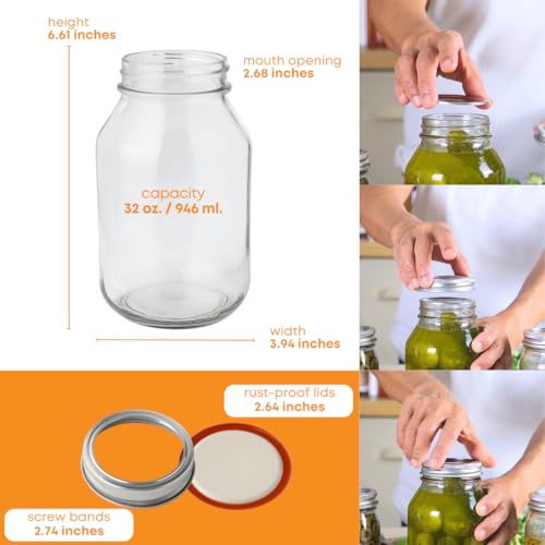 FastRack 32 oz Regular Mouth Mason Jars with Lids – Pack of 2 Quart Canning Jars for Food Storage, Pickling, Fermentation, Crafts – Reusable Airtight Large Glass Mason Jar - size: 32oz - 2 Pack
