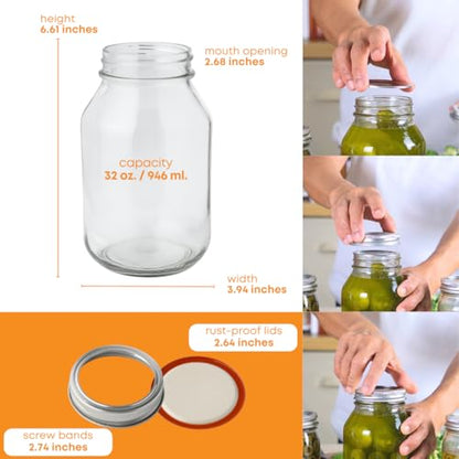 FastRack 32 oz Regular Mouth Mason Jars with Lids – Pack of 2 Quart Canning Jars for Food Storage, Pickling, Fermentation, Crafts – Reusable Airtight Large Glass Mason Jar - size: 32oz - 2 Pack