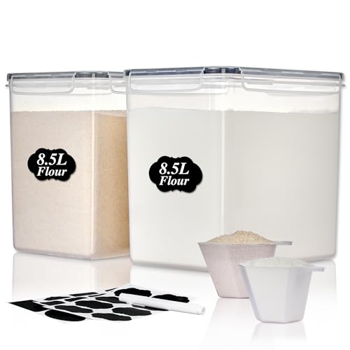 Vtopmart 8.5L 2 Pack Extra Large Flour Sugar Storage Containers, Each for 10lbs flour, Airtight Kitchen Pantry Organization Canisters with Lids for Bulk food, Rice, Baking Supplies, BPA Free, Black - color: Black, size: 8.5L