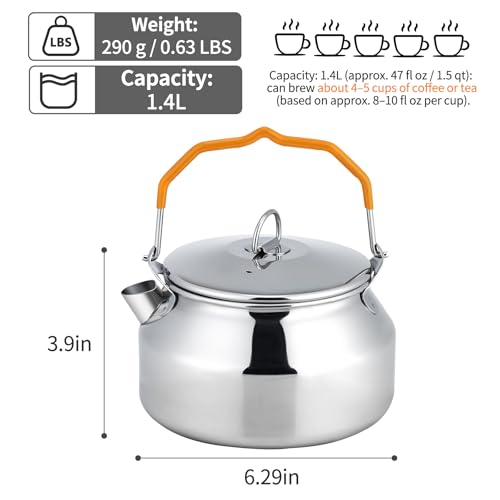 Camping Kettle Tea Pot, 1.4L Portable 304 Stainless Steel Coffee Kettle, Food Grade with Large Opening & Heat-Resistant Handle, Works on Gas, Induction, Open Flame, Electric Stove, Silver