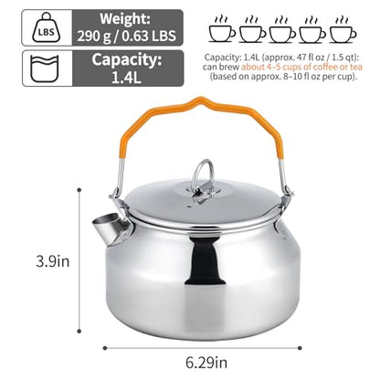 Camping Kettle Tea Pot, 1.4L Portable 304 Stainless Steel Coffee Kettle, Food Grade with Large Opening & Heat-Resistant Handle, Works on Gas, Induction, Open Flame, Electric Stove, Silver