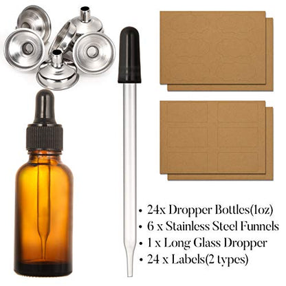 AOZITA 24 PCS, 1 oz Dropper Bottles for Essential Oils with 6 Funnels & 1 Long Glass Dropper - 30ml Amber Glass Bottle with Eye Droppers - Tincture Bottles, Leak Proof Travel Bottle for Liquids - size: 1 OZ