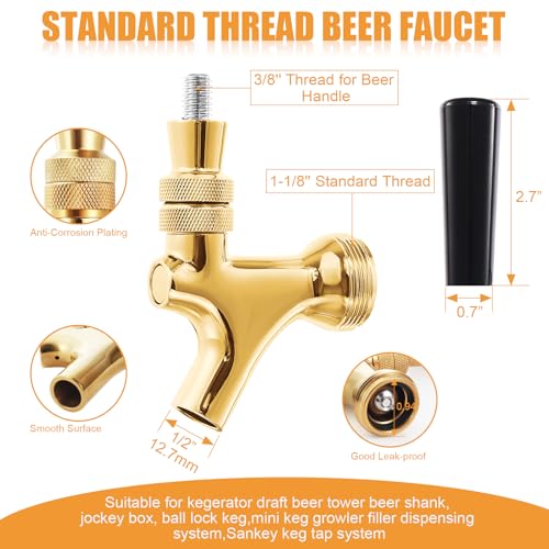 Golden Kegerator Tap Beer Faucet, 2Pcs All 304 Stainless Steel Draft Keg Tap Beer Tower Faucet with Beer Covers Caps Plugs, Beer Dispenser Kegerator Parts for Homebrew