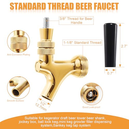 Golden Kegerator Tap Beer Faucet, 2Pcs All 304 Stainless Steel Draft Keg Tap Beer Tower Faucet with Beer Covers Caps Plugs, Beer Dispenser Kegerator Parts for Homebrew