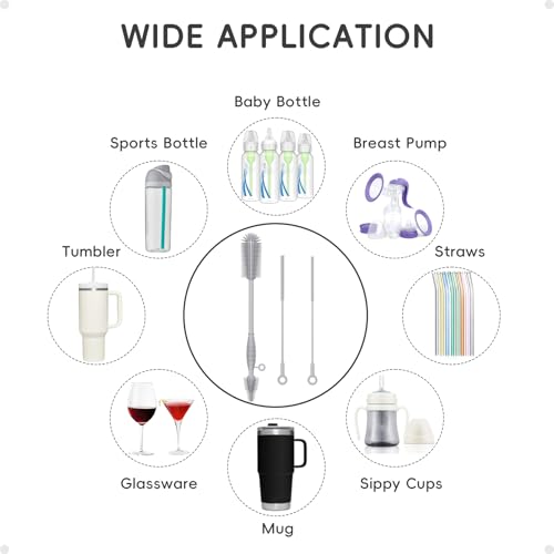 Silicone Cleaning Brush Kit,Water Bottle and Straw Cleaner Brush Set for Tumbler,Baby Bottle,Breast Pump Part,Nipple,Sippy Cup,Glass,Dishwasher Safe,BPA Free,3 Pcs - color: Gray