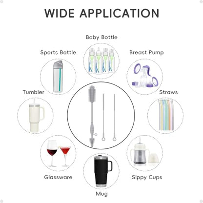 Silicone Cleaning Brush Kit,Water Bottle and Straw Cleaner Brush Set for Tumbler,Baby Bottle,Breast Pump Part,Nipple,Sippy Cup,Glass,Dishwasher Safe,BPA Free,3 Pcs - color: Gray