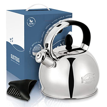 SUSTEAS Stove Top Whistling Tea Kettle - Food Grade Stainless Steel Teakettle Teapot with Cool Touch Ergonomic Handle, With 1 Silicone Pinch Mitt Included,2.64 Quart(SILVER) - color: Silver