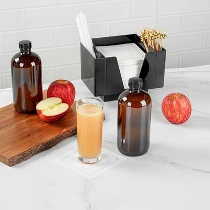 Restaurantware Vetri 16 Ounce Boston Glass Bottles, 12 Bottles With Black Phenolic Caps - Dishwashable, Round, Amber Glass Bottle, For Secondary Kombucha Fermentation, Homemade Essential Oils - color: Amber, size: 16 Ounces