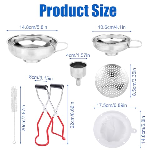 8pcs Food Canning Funnels Set for Wide Mouth & Regular Mason Jars, 3 Stainless Steel Funnels 2 Metal Strainer Mesh 1 Anti-Scalding Tongs 2 Brushes Supplies Kit for Kitchen Use Filling Bottle Jam