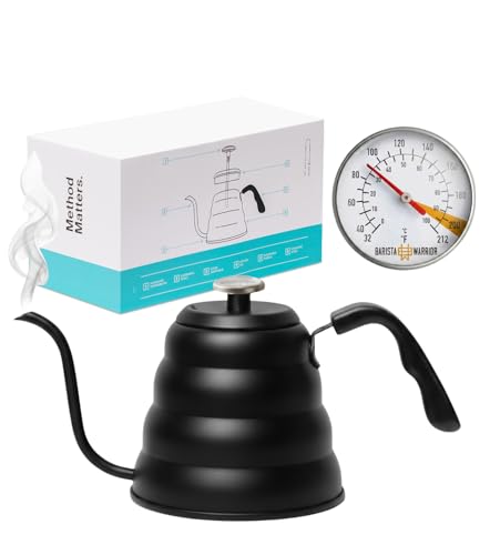 Barista Warrior Gooseneck Kettle with Thermometer - 1.2L Pour Over Coffee & Tea Kettle, 18/8 Matte Black Gooseneck Kettle Pot, Precision Pour Drip Spout, Suitable for All-Stoves (40 fl oz) - color: Matte Black, size: 1.2L