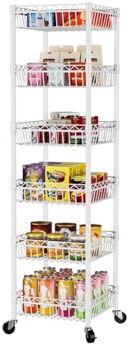 SINGAYE Shelf 6 Tier Wire Shelving Unit with Wheels Baskets Storage Rack Corner Shelves Adjustable Closet Bathroom Organizers Metal Pantry Kitchen Garage Laundry Room 13.5" D x 13.5" W x 63" H White - color: White, size: 6-Tier[13.5"Dx13.5"Wx63"H]
