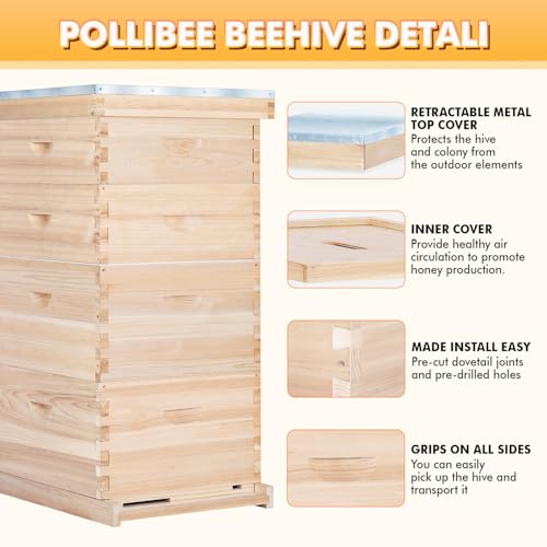 POLLIBEE 10-Frame Bee Hives and Complete Starter Kit, Bee Hives Boxes Includes 2 Deep Bee Box 2 Medium Bee Hive Box with Beehive Frames and Beeswax Coated Foundation Sheets(4 Layers) - size: 2 Super+2 Deep