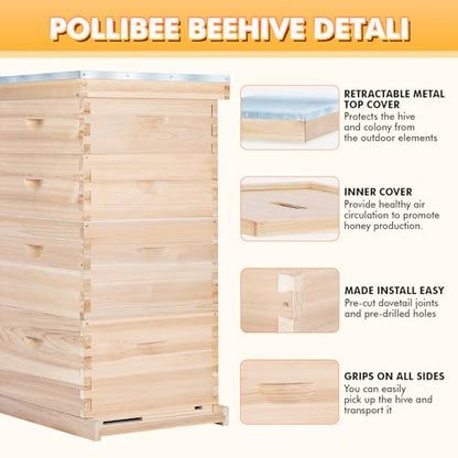 POLLIBEE 10-Frame Bee Hives and Complete Starter Kit, Bee Hives Boxes Includes 2 Deep Bee Box 2 Medium Bee Hive Box with Beehive Frames and Beeswax Coated Foundation Sheets(4 Layers) - size: 2 Super+2 Deep