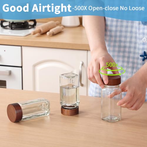 Yangbaga Glass Spice Containers for Kitchen: 24P 4oz Square Jars w/2p Rack | Durable Glass Jars for Cooking Enthusiasts- Airtight Acacia lid 500X Open-Close no Loose - Gift/Daily Use for Housewives
