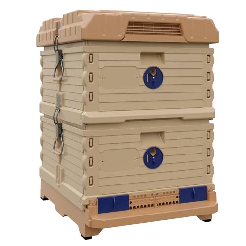 Apimaye Ergo Insulated Tan Double Brood Box Beehive Set (Tan Body Blue Entrance)