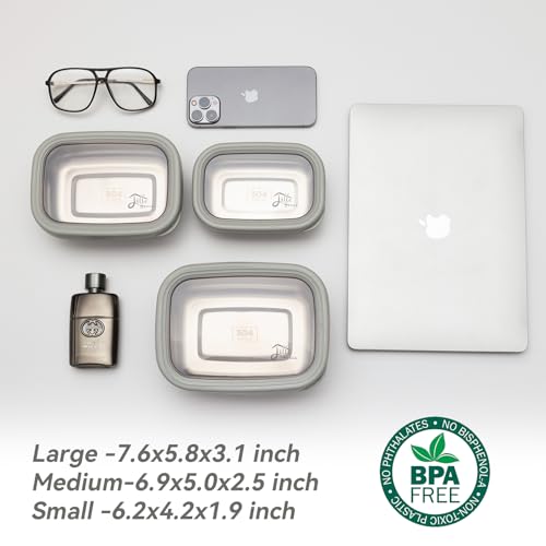 Lille Home Leak Proof Salad Container Stainless for Lunch - Snack Containers Steel - Ideal for Educational Settings & Daycare - Nesting Trio with Silicone Lids - 47oz+30oz+16oz - Grey - color: grey
