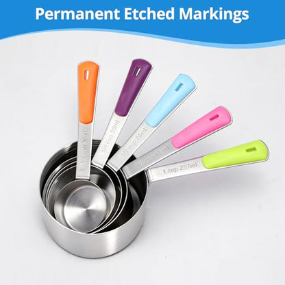 Bopei Measuring Cups and Spoons Set Stainless Steel 10 Piece for Cooking and Baking (5 Cups + 5 Spoons, Colorful Handles) - color: Colorful