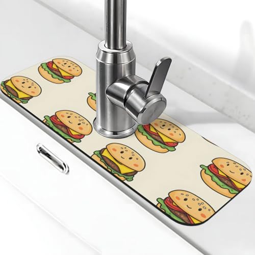 Cute Cheeseburger Print Faucet Mat for Kitchen Sink, Faucets Mat Splash Guard Absorbent Fast Drying, Kitchen Sink Mats for Around Faucet Draining