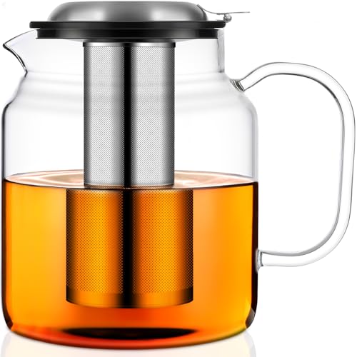 Aquach 68oz Glass Teapot with Infuser, Stovetop Safe Borosilicate Tea Pot | Dishwasher Safe, Plastic-free, Serves 3-5 People, Precise Loose Leaf Filter, Easy-clean - size: 68 fluid ounces without Thermometer