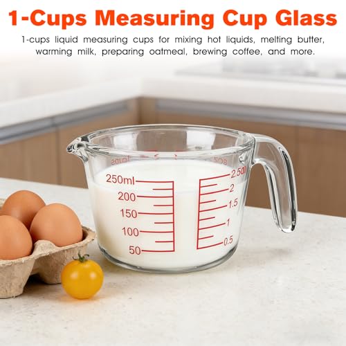 1 Cup Glass Measuring Cups, Clear Borosilicate Glass Liquid Measuring Cup | Kitchen & Baking Microwave Safe One Glass Measuring Cups, 8 OZ/250ML Small Glass Measuring Cup
