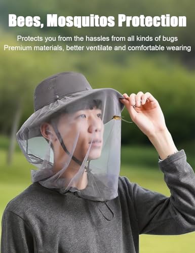 Wide Brim Bucket Sun Hat with Concealable Mosquito Mesh, Adjustable Chin Strap for Fishing, Gardening, Hiking & Camping - color: Dark Gray