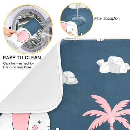 Elephant Coconut Tree Dish Drying Mat for Kitchen Counter Super Absorbent Draining Mat with Non-slip Backed Dish Drying Pad for Dish Bottles Cups Bowl Draining Racks Countertops Sinks