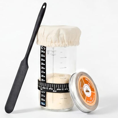 Sourdough Starter Jar 24oz, Wide Mouth Glass Jar with Date Marked Feeding Band, Thermometer, Lid, Cloth Cover & Spatula, Sourdough Bread Baking Supplies, Sour Dough Starter Kit for Beginners (6 Pcs)