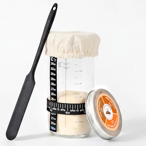 Sourdough Starter Jar 24oz, Wide Mouth Glass Jar with Date Marked Feeding Band, Thermometer, Lid, Cloth Cover & Spatula, Sourdough Bread Baking Supplies, Sour Dough Starter Kit for Beginners (6 Pcs)