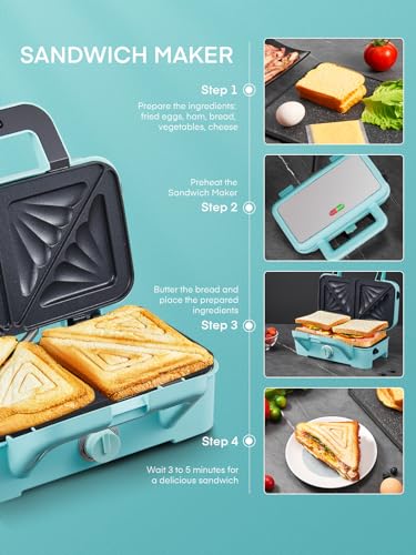 FOHERE Waffle Maker 3 in 1 Sandwich Maker 1200W Panini Press With Removable Plates and 5-gear Temperature Control, Non-stick Coating Easy to Clean,Indicator Lights, Blue - color: Light blue