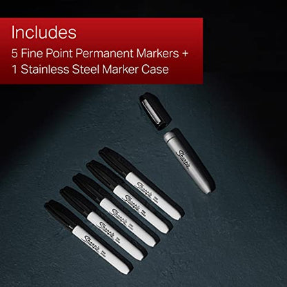Sharpie Permanent Markers with Stainless Steel Marker Case Fine Point Black 6 Count - size: 6 Count (Pack of 1)