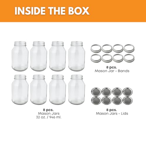 FastRack 32 oz Regular Mouth Mason Jars with Lids – Pack of 8 Quart Canning Jars | Empty, Reusable Airtight Large Glass Mason Jar for Food Storage, Pickling, Fermentation, Kombucha Brewing & Crafts - size: 32oz - 8 Pack
