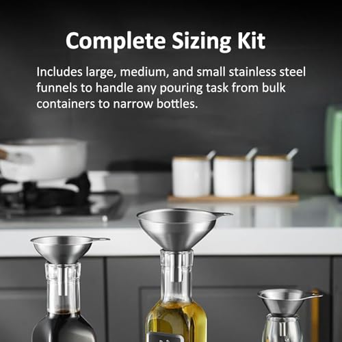 3-Piece Stainless Steel Funnel Set (Large, Medium, Small) with 2 Cleaning Brushes - Kitchen Liquid Transfer Tools for Oil, Sauce, Bottling