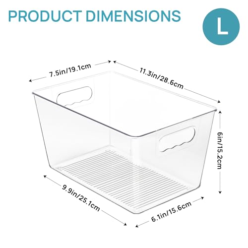 Vtopmart Clear Plastic Storage Bins, 6 PCS Pantry Organizer Bins with Handle for Refrigerator, Fridge, Cabinet, Kitchen, Countertops, Cupboard, Freezer Organization and Storage, Large - size: L(11.3"×7.5"×6")