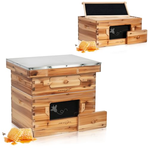 Bee Hive 10 Frame Bee Box Starter Kit, Beeswax Coated Bee Hives for Beekeepers, 2 Deep + 1 Medium Langstroth Beehive Kit, Beekeeping Supplies with Transparent Plastic Window and Queen Excluder