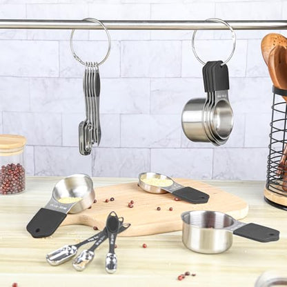 Magnetic Measuring Cups and Spoons Set, 7 Stainless Steel Measuring Cups and 7 Rectangular Metal Teaspoon with 1 Leveler for Cooking & Baking (Black) - color: Black