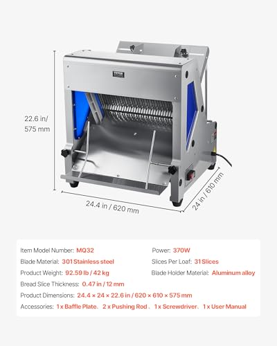 VEVOR Electric Bread Slicer, 370W Bread Slicing Machine, Die-Cast Aluminum Countertop Bread Cutter Machine for 12mm Slice Thickness, Commercial & Home Use for Bakeries Restaurants, 120V - size: Upgraded Electric Bread Slicer