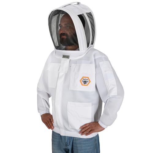 Bee Jacket Mesh Ventilation for Professional Beekeeper's Total Protection - Light Weight - YKK Zipper with Carring Bag 2 Veil Options (Fencing & Round) BP-401 (White - L) - color: White, size: L