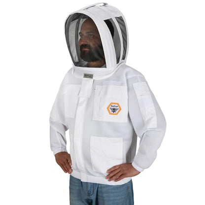 Bee Jacket Mesh Ventilation for Professional Beekeeper's Total Protection - Light Weight - YKK Zipper with Carring Bag 2 Veil Options (Fencing & Round) BP-401 (White - L) - color: White, size: L