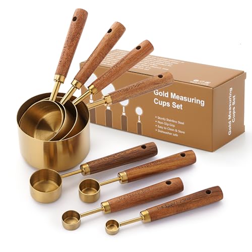 SHIKORI Gold Measuring Cups and Spoons Set with Wood Handles, Premium Stainless Steel Measuring Spoons and Measuring Cups Set-Gold - color: Gold