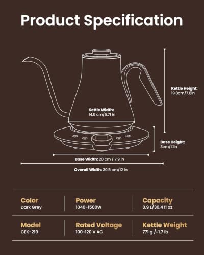 INTASTING Electric Kettle, Gooseneck Electric Kettle, ±1℉ Temperature Control, BPA-Free Stainless Steel Inner, Quick Heating, for Pour Over Coffee, Brew Tea, Boil Hot Water, 1500W/0.9L Dark Grey - color: Grey