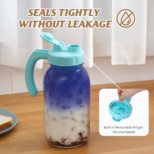 Soligt Glass Mason Jar Pitcher with Lid, Wide Mouth Flip Cap Pour Spout Leak-proof Lid with Handle, 64 oz (2 Quart / 1.9 Liter), for Iced Coffee/Sun Tea Juice/Cold Brew Coffee/Milk (1Pack, Baby Blue) - color: Baby Blue