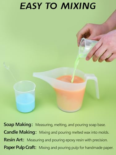 Artcome Funnel Pitcher Set - 4 Pack, 1000ml Plastic Measuring Pitchers with Funnels, 4 Stirring Rods, and 15 Small Measuring Cups for Soap Making, Resin Casting, Baking, and DIY Crafts